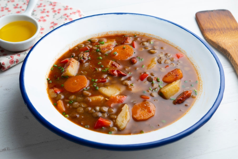 a high-fiber soup sits on a table