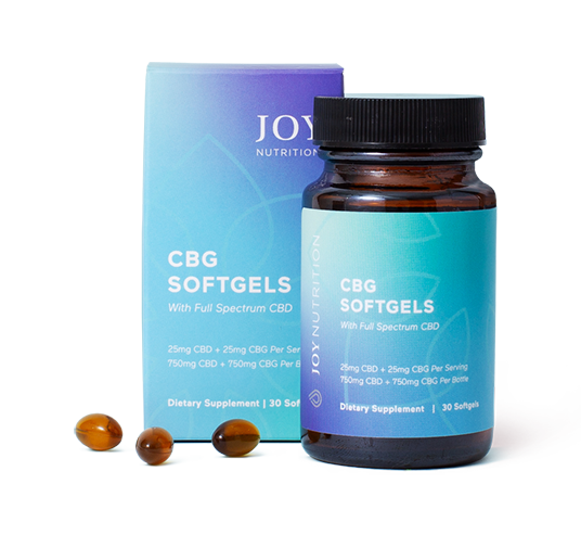 Bottle of CBG softgels with turquoise label next to blue gradient box and three amber capsules displayed in front.