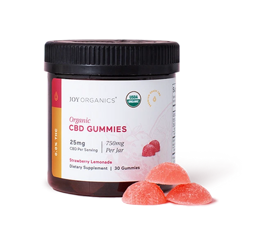 Jar of red gummy candies with black lid and label reading 