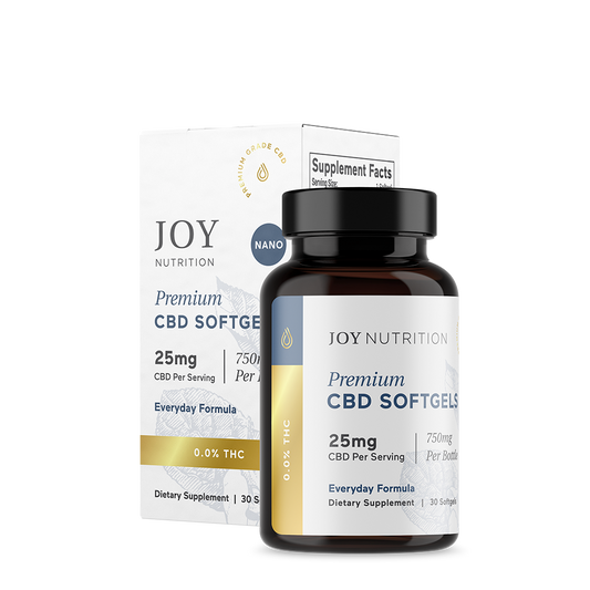 Dark amber bottle of Joy Nutrition Premium CBD Softgels with white label showing 25mg CBD per serving, accompanied by white a